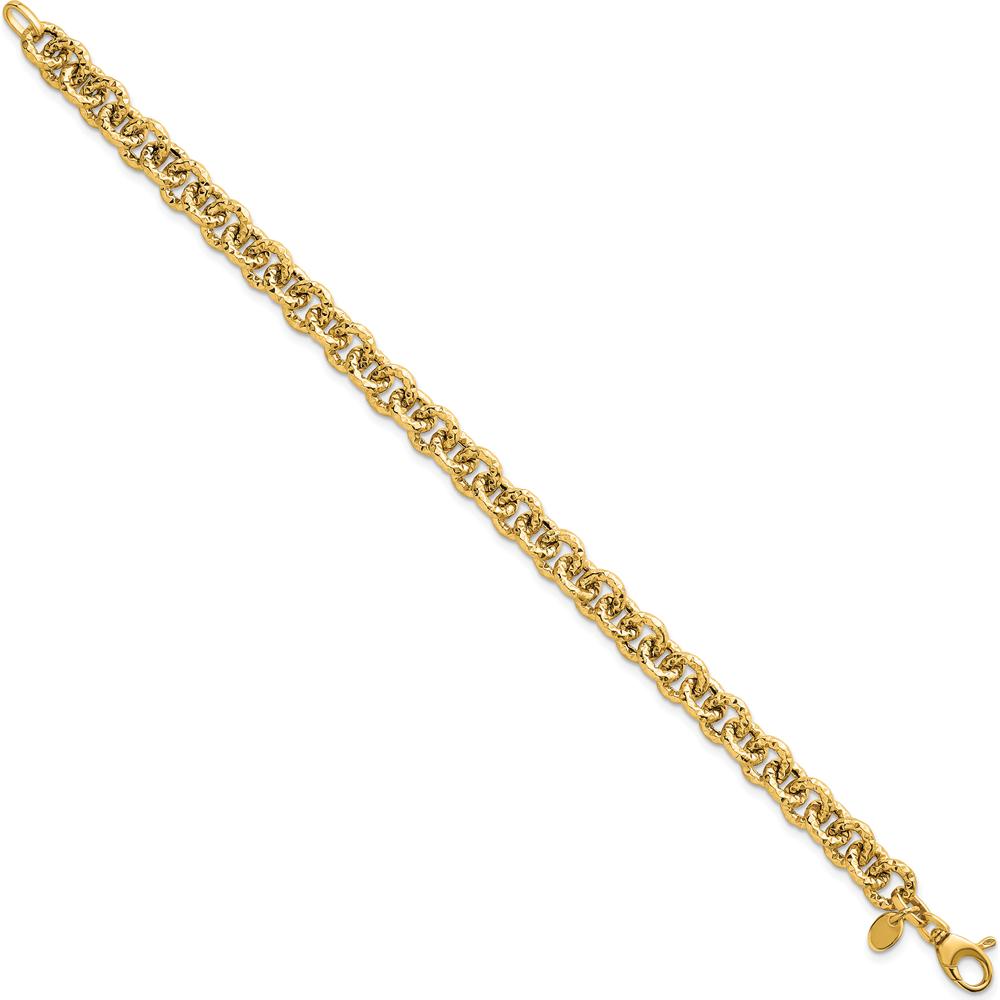 14K Yellow Gold 7.5" Polished and Textured 7.3mm Cable Link Bracelet by 0
