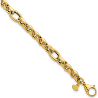 14K Yellow Gold 7.5" Rolo and Oval Fancy Link Bracelet with Polished and Textured Finish - 8.4mm Wide by 0