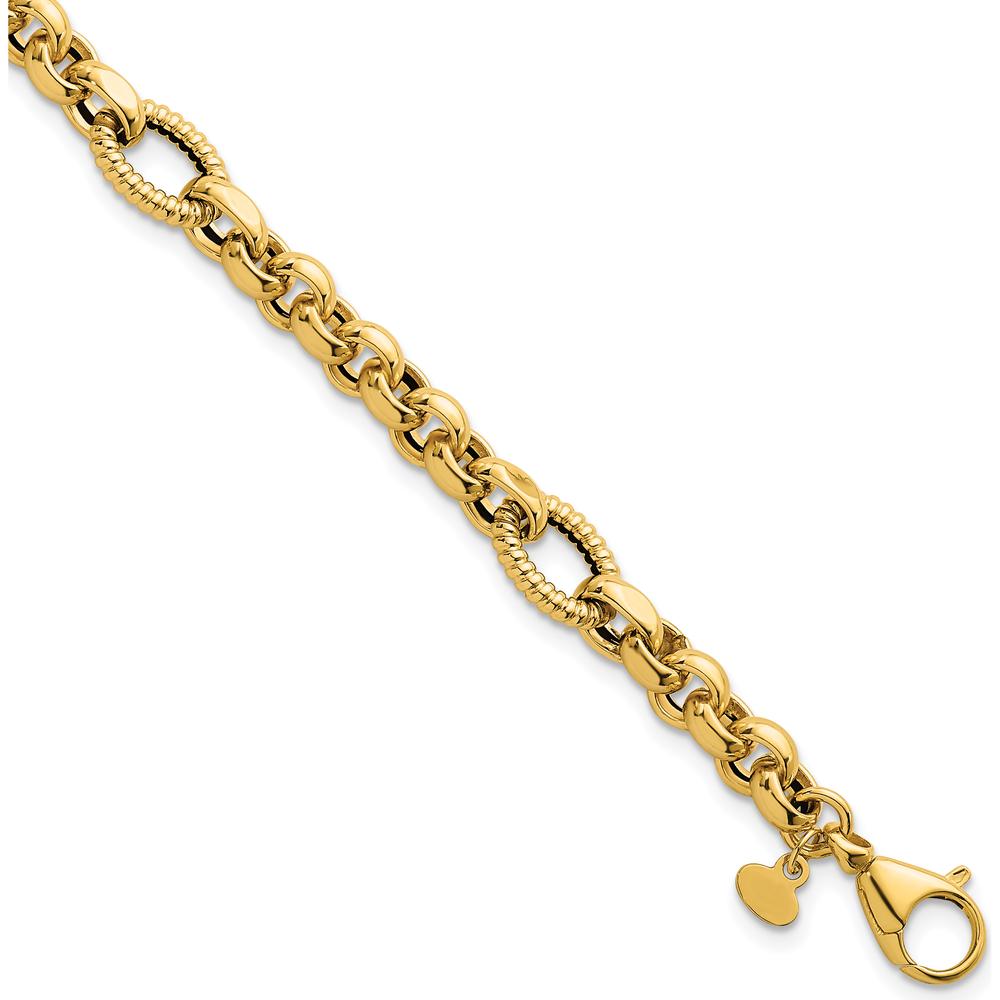 14K Yellow Gold 7.5" Rolo and Oval Fancy Link Bracelet with Polished and Textured Finish - 8.4mm Wide by 0