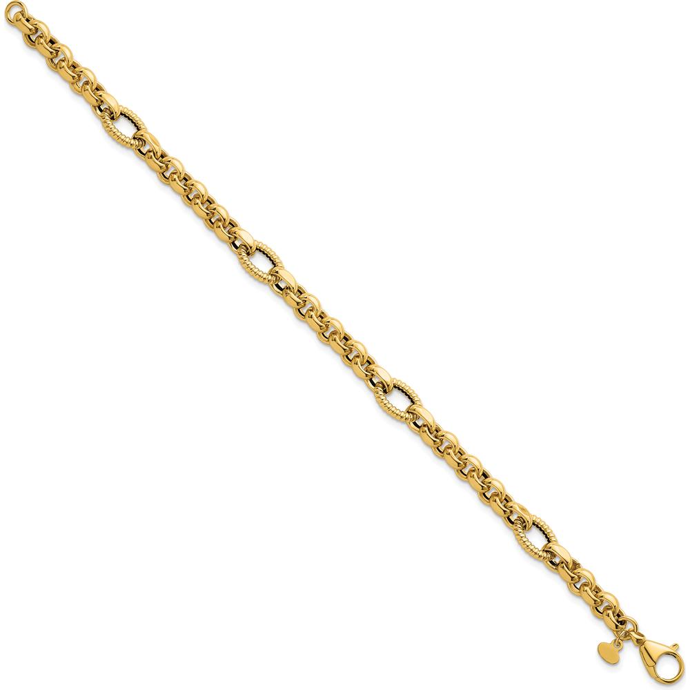 14K Yellow Gold 7.5" Rolo and Oval Fancy Link Bracelet with Polished and Textured Finish - 8.4mm Wide by 0