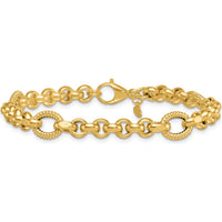 14K Yellow Gold 7.5" Rolo and Oval Fancy Link Bracelet with Polished and Textured Finish - 8.4mm Wide by 0