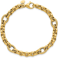 14K Yellow Gold 7.5" Rolo and Oval Fancy Link Bracelet with Polished and Textured Finish - 8.4mm Wide by 0