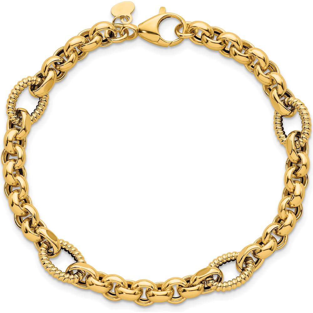 14K Yellow Gold 7.5" Rolo and Oval Fancy Link Bracelet with Polished and Textured Finish - 8.4mm Wide by 0