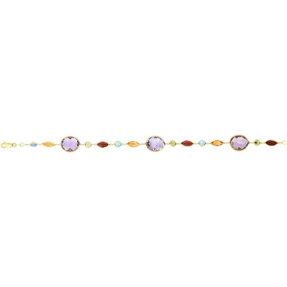 14K Yellow Gold 7.5" Semi-Precious Gemstone Station Bracelet with Garnet, Citrine, Peridot, Blue Topaz, and Amethyst by Orozza Fine Jewelry