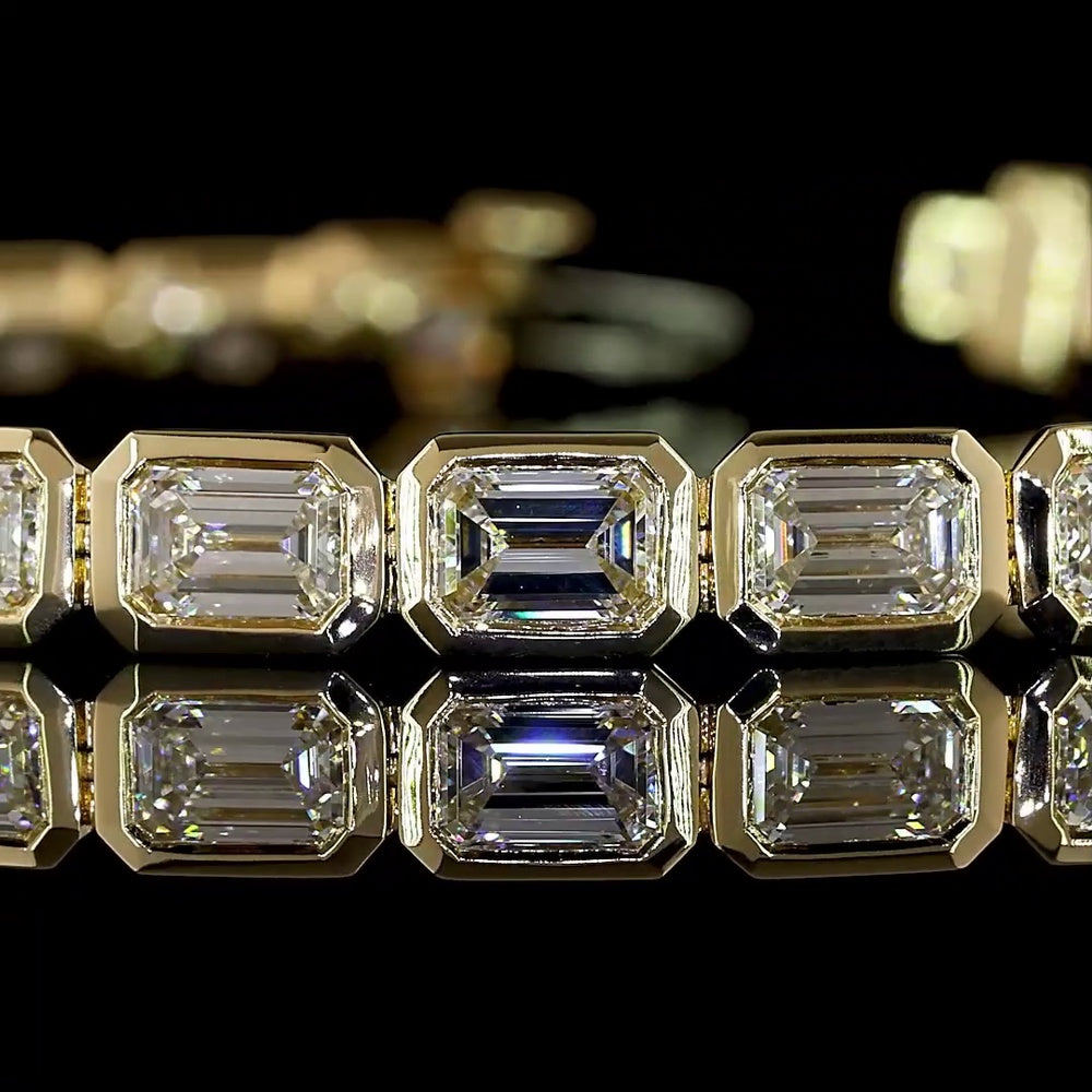 14K Yellow Gold 7.5" Tennis Bracelet with Bezel Set East-West Emerald Cut Lab Diamonds - 9.96 Carats Total Diamond Weight - Covaloro Fine Jewelry