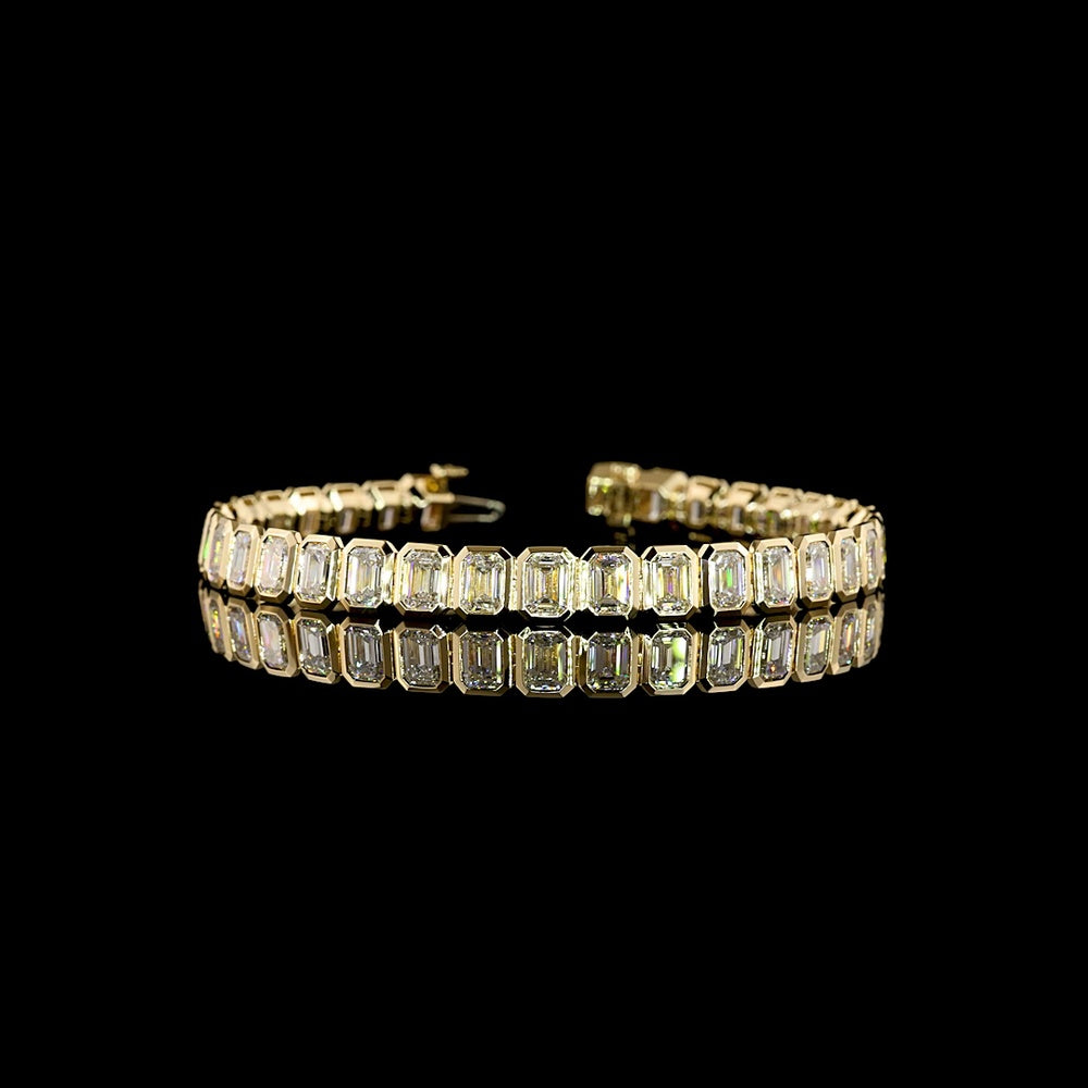 14K Yellow Gold 7.5" Tennis Bracelet with Bezel Set Emerald Cut Lab Diamonds - 15.28 Carat Total Diamond Weight - Covaloro Fine Jewelry