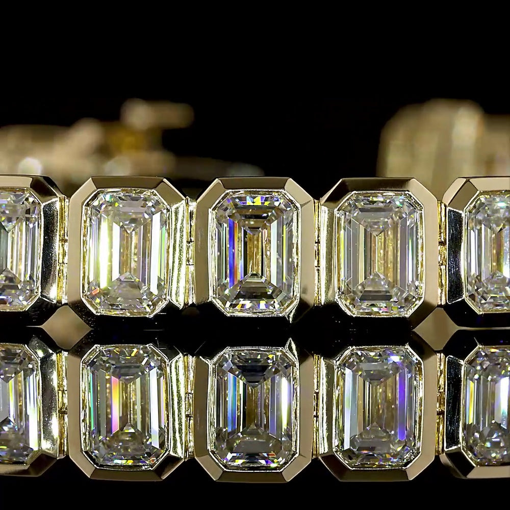 14K Yellow Gold 7.5" Tennis Bracelet with Bezel Set Emerald Cut Lab Diamonds - 15.28 Carat Total Diamond Weight - Covaloro Fine Jewelry