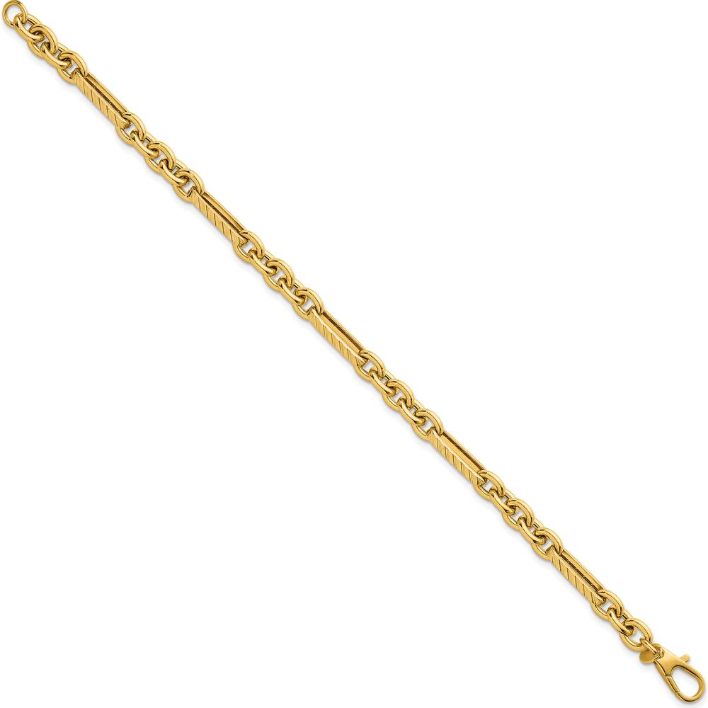 14K Yellow Gold 7.5" Textured and Polished Oval & Round Link Chain Bracelet - 4.95mm Width by 0