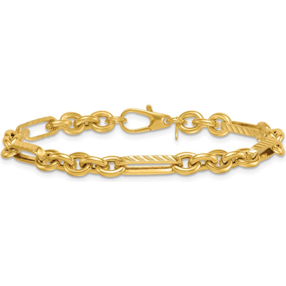 14K Yellow Gold 7.5" Textured and Polished Oval & Round Link Chain Bracelet - 4.95mm Width by 0