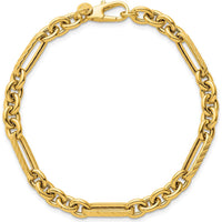 14K Yellow Gold 7.5" Textured and Polished Oval & Round Link Chain Bracelet - 4.95mm Width by 0