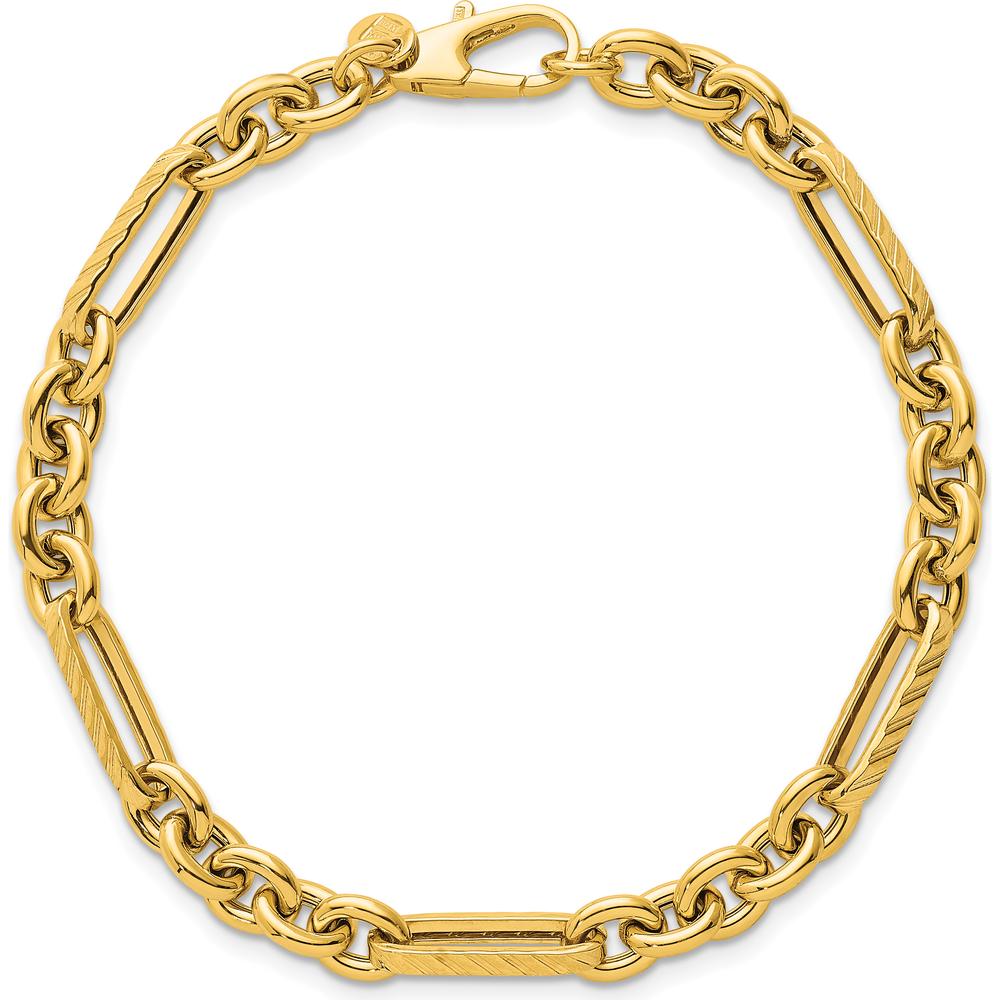 14K Yellow Gold 7.5" Textured and Polished Oval & Round Link Chain Bracelet - 4.95mm Width by 0