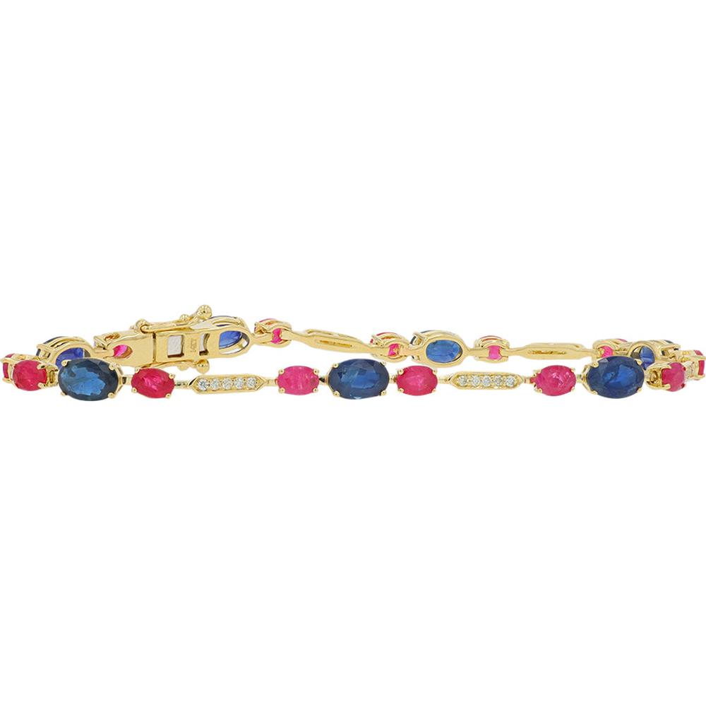14K Yellow Gold 7.50 Carat Total Sapphire & Ruby Bracelet with 0.18 Carat Diamond Accents