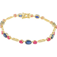 14K Yellow Gold 7.50 Carat Total Sapphire & Ruby Bracelet with 0.18 Carat Diamond Accents