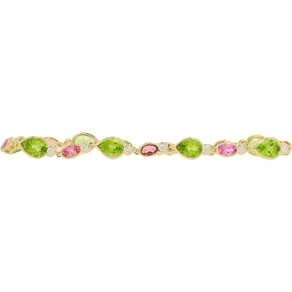 14K Yellow Gold 7.50 Carat Tourmaline & Peridot Bracelet with 0.50 Carat Diamond Accents
