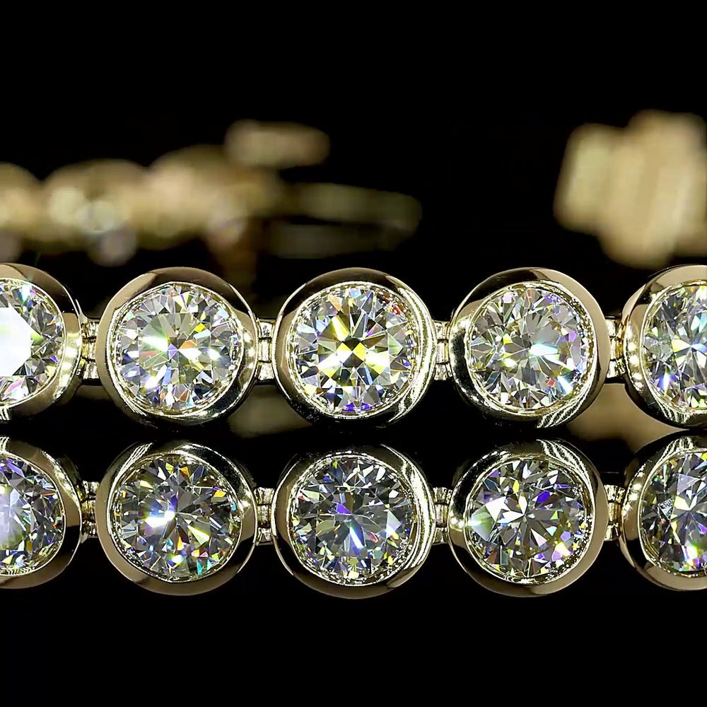 14K Yellow Gold 7.55 Carat Tennis Bracelet with Bezel Set Round Brilliant Cut Natural Diamonds - E-F Color, VS+ Clarity - Covaloro Fine Jewelry