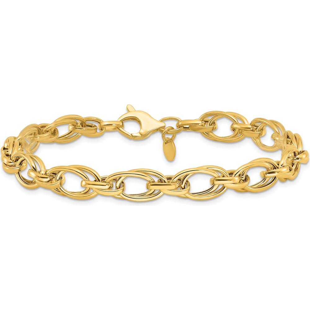 14K Yellow Gold 7.5mm Fancy Double Link Bracelet - Polished Finish, 8" Length by 0