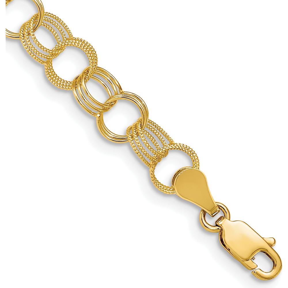14K Yellow Gold 7.5mm Polished and Textured Triple Link Charm Bracelet - 7" Length by Oro Pregiato