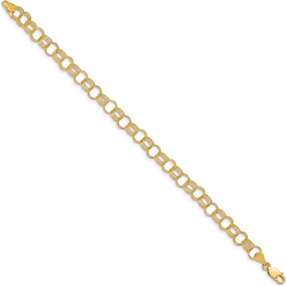 14K Yellow Gold 7.5mm Polished and Textured Triple Link Charm Bracelet - 7" Length by Oro Pregiato