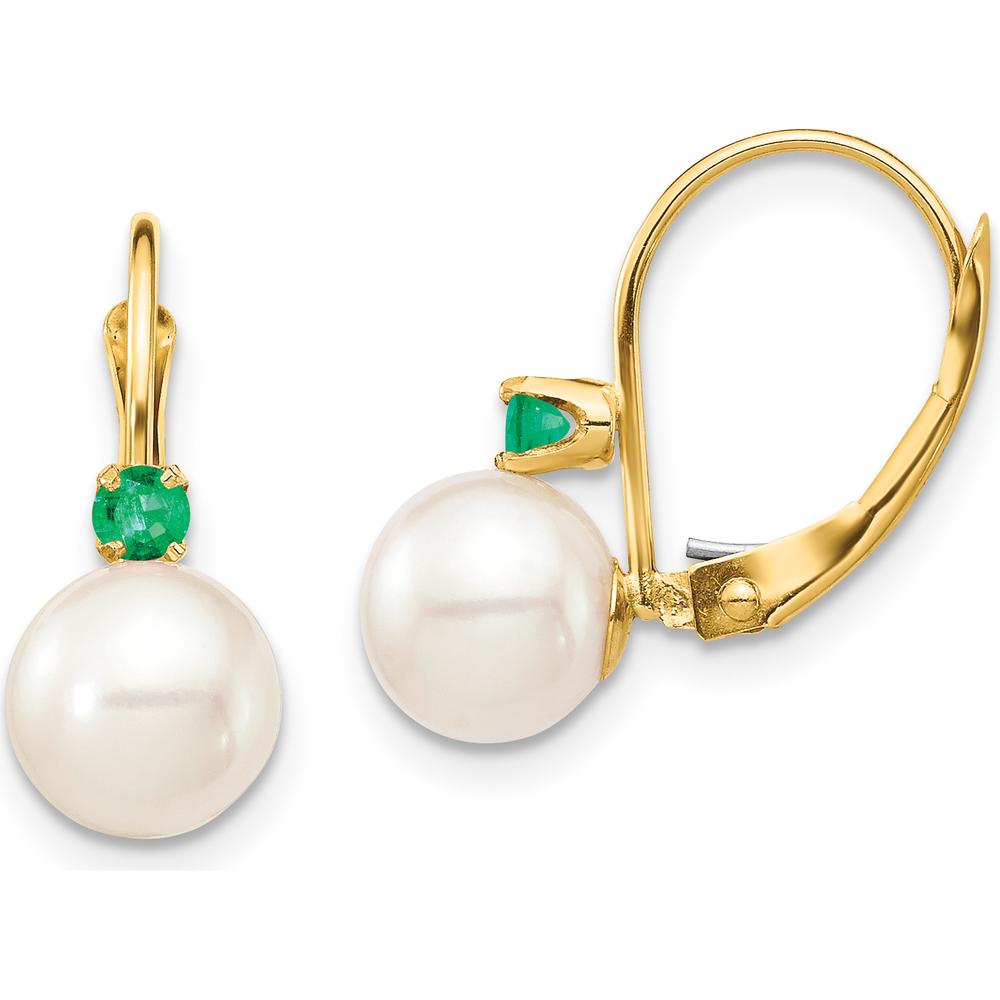 14K Yellow Gold 7-7.5mm Freshwater Pearl and Emerald Leverback Earrings - 0.18 Carat Total Emerald Weight by Monteluci Fine Jewelry
