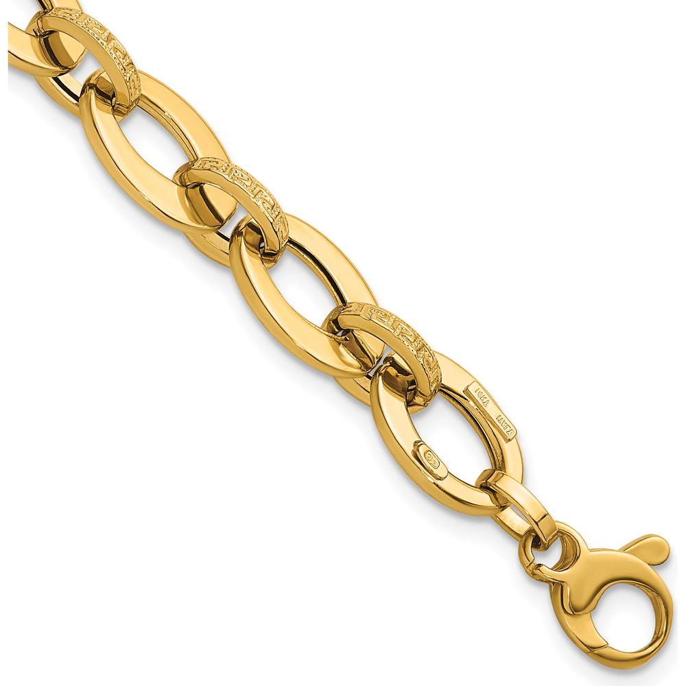 14K Yellow Gold 7.75" Polished and Textured Greek Key Etched Fancy Oval Link Bracelet by 0
