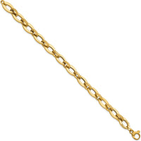 14K Yellow Gold 7.75" Polished and Textured Greek Key Etched Fancy Oval Link Bracelet by 0
