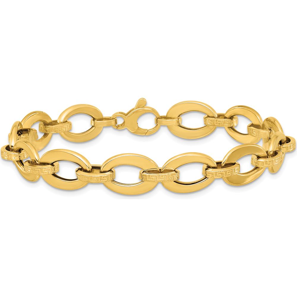14K Yellow Gold 7.75" Polished and Textured Greek Key Etched Fancy Oval Link Bracelet by 0