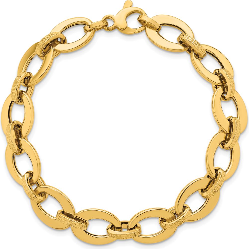 14K Yellow Gold 7.75" Polished and Textured Greek Key Etched Fancy Oval Link Bracelet by 0