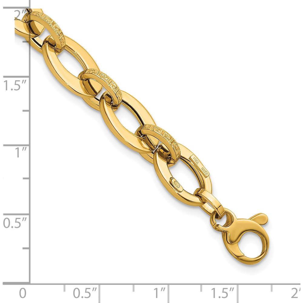 14K Yellow Gold 7.75" Polished and Textured Greek Key Etched Fancy Oval Link Bracelet by 0