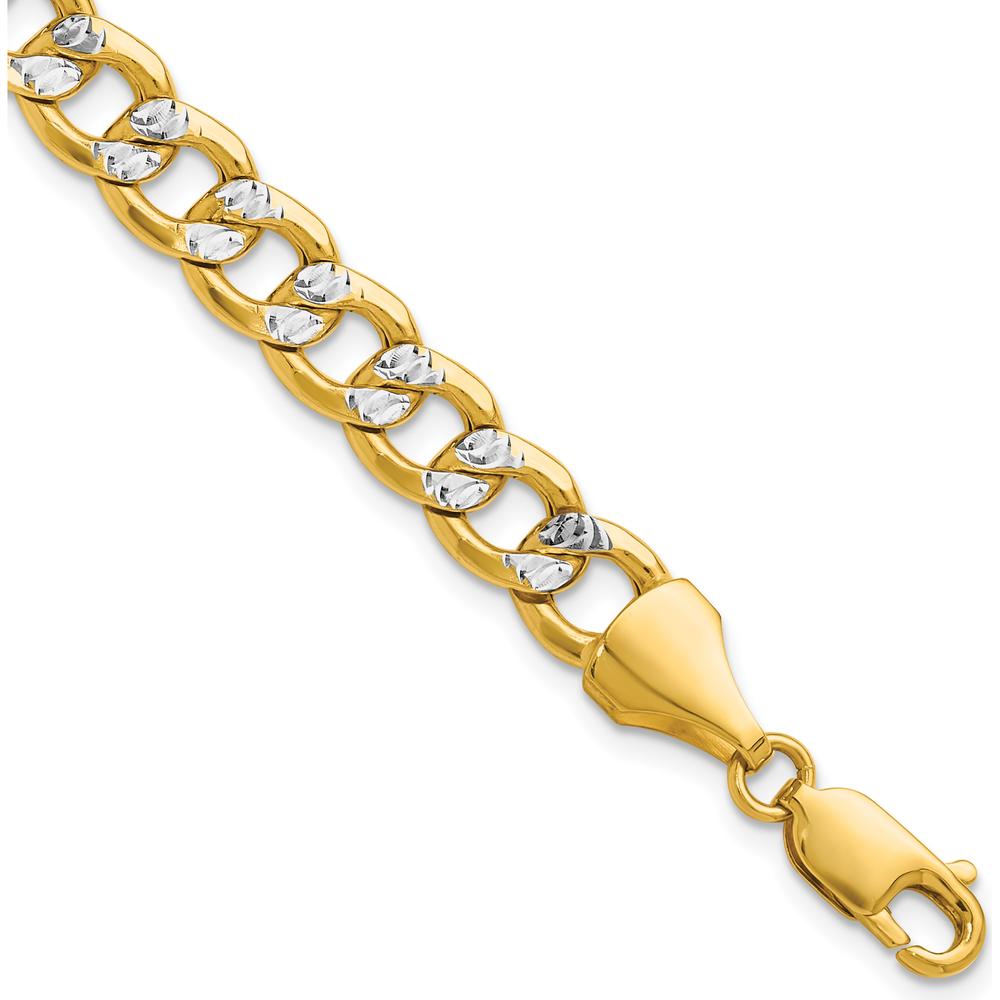 14K Yellow Gold 7.75mm Semi-Solid Rhodium Pavé Curb Chain Bracelet - 9 inch by Oro Pregiato