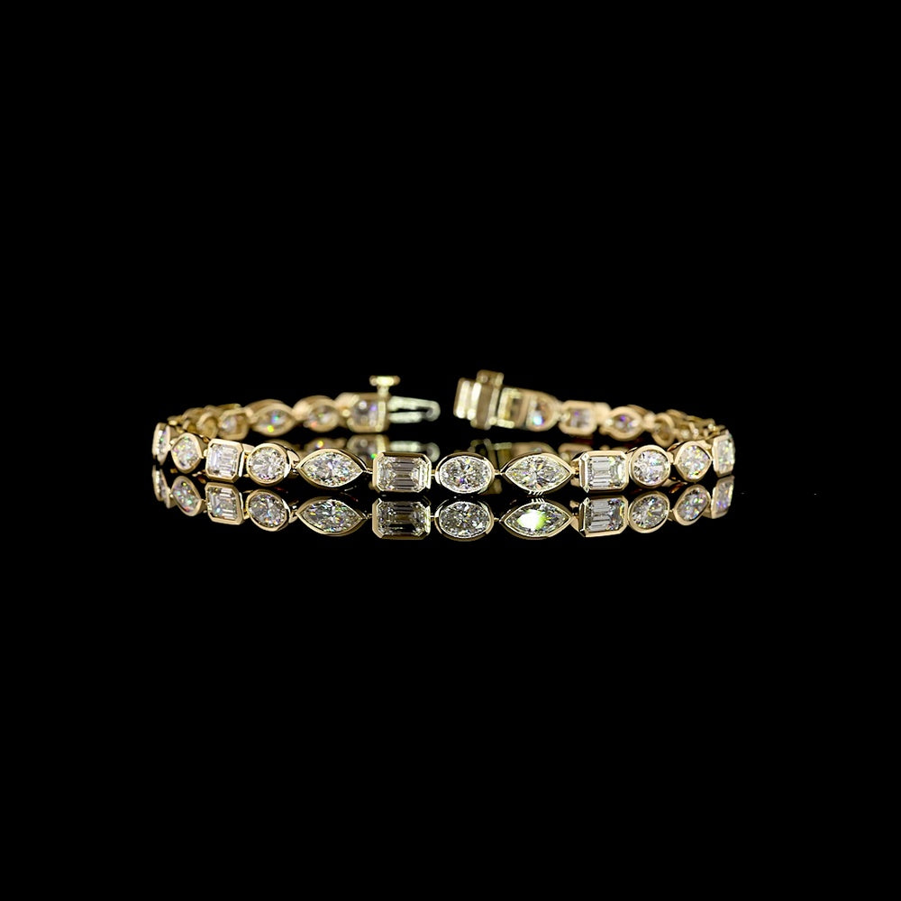 14K Yellow Gold 7.77-Carat Mixed Shape Tennis Bracelet with Bezel Set Emerald, Oval, and Marquise Lab Diamonds - E-F VS1 Clarity - Covaloro Fine Jewelry