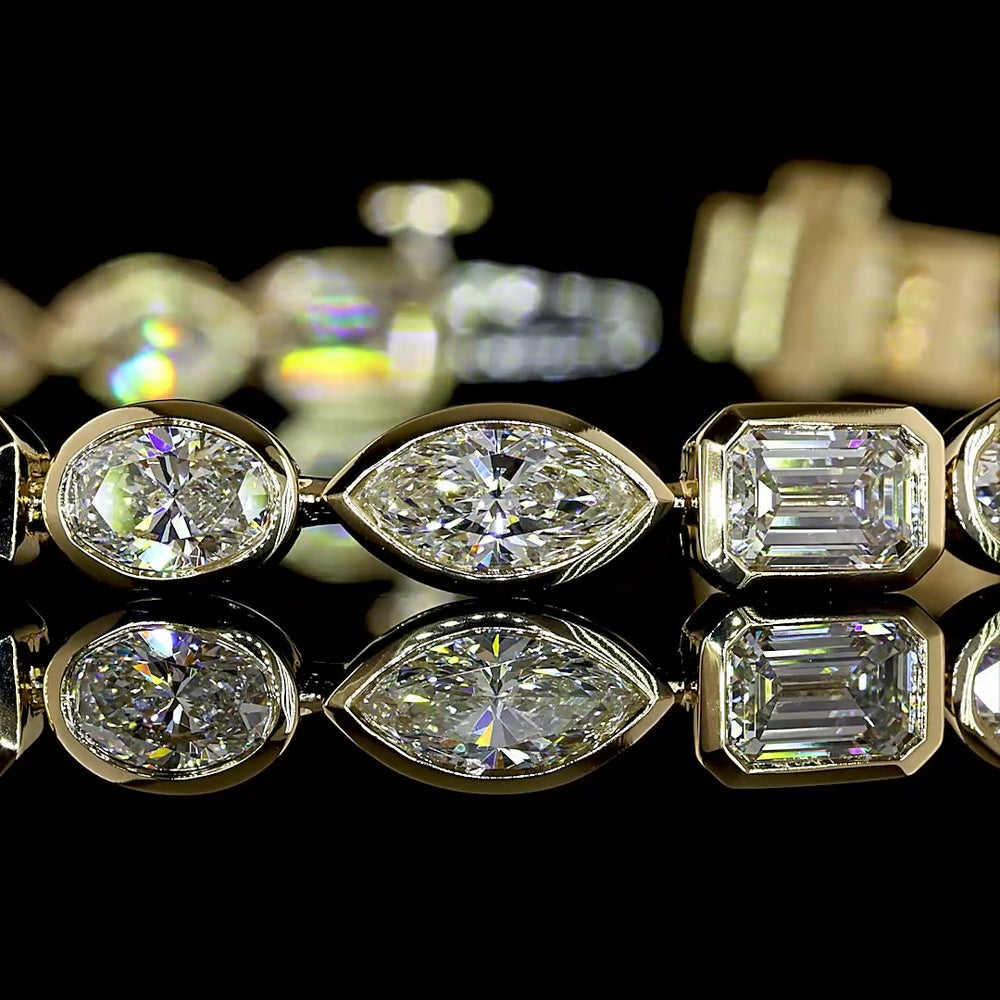 14K Yellow Gold 7.77-Carat Mixed Shape Tennis Bracelet with Bezel Set Emerald, Oval, and Marquise Lab Diamonds - E-F VS1 Clarity - Covaloro Fine Jewelry