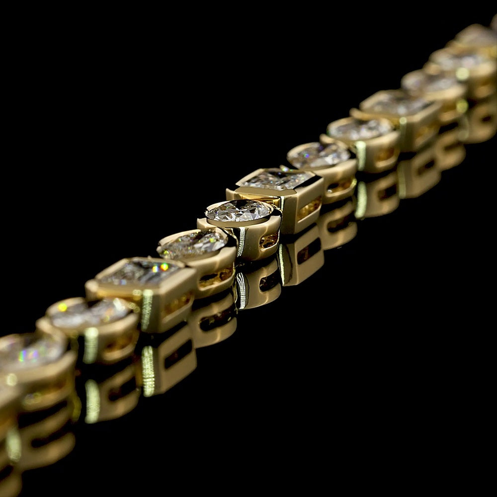 14K Yellow Gold 7.77-Carat Mixed Shape Tennis Bracelet with Bezel Set Emerald, Oval, and Marquise Lab Diamonds - E-F VS1 Clarity - Covaloro Fine Jewelry