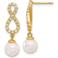 14K Yellow Gold 7-8mm Akoya Pearl and 0.40 Carat Diamond Infinity Drop Earrings by Monteluci Fine Jewelry