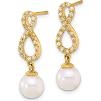 14K Yellow Gold 7-8mm Akoya Pearl and 0.40 Carat Diamond Infinity Drop Earrings by Monteluci Fine Jewelry