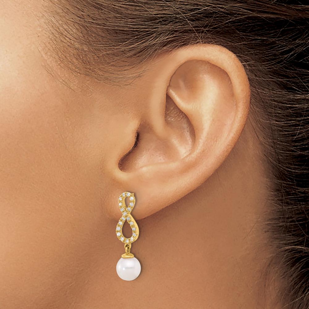 14K Yellow Gold 7-8mm Akoya Pearl and 0.40 Carat Diamond Infinity Drop Earrings by Monteluci Fine Jewelry