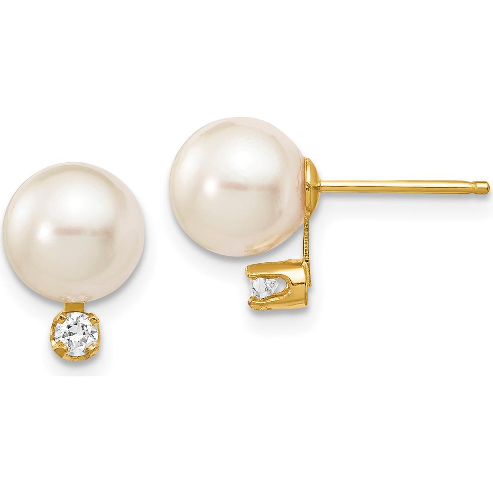 14K Yellow Gold 7-8mm Akoya Pearl and 1/10 Carat Diamond Post Earrings by Monteluci Fine Jewelry