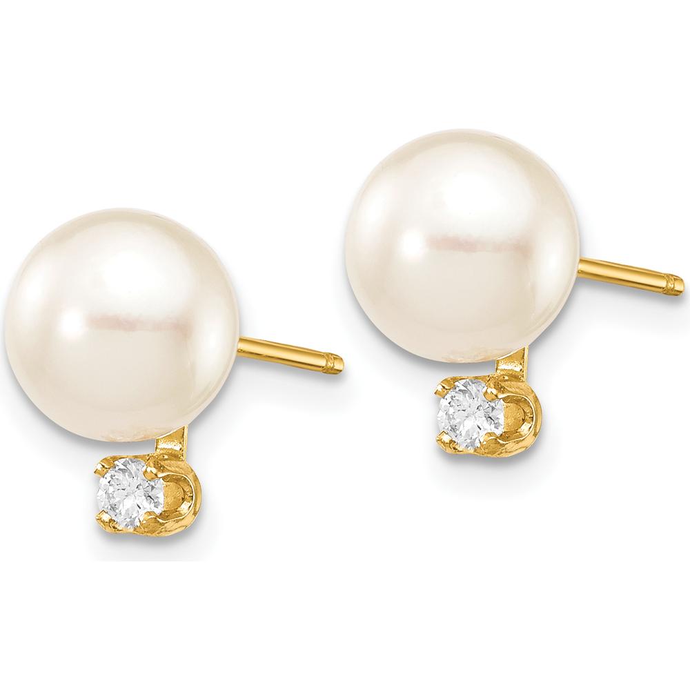 14K Yellow Gold 7-8mm Akoya Pearl and 1/10 Carat Diamond Post Earrings by Monteluci Fine Jewelry