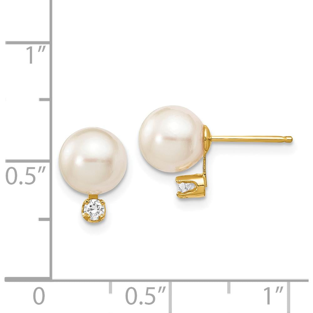 14K Yellow Gold 7-8mm Akoya Pearl and 1/10 Carat Diamond Post Earrings by Monteluci Fine Jewelry