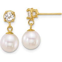 14K Yellow Gold 7-8mm Freshwater Pearl and White Topaz Dangle Earrings - 2.00 Carat Total Gem Weight by Monteluci Fine Jewelry