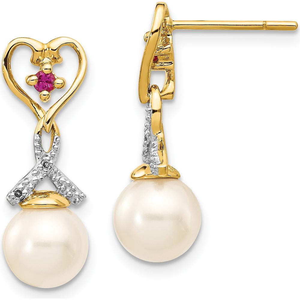 14K Yellow Gold 7-8mm Freshwater Pearl, Ruby and Diamond Heart Drop Earrings with Post & Push Back Closure by Monteluci Fine Jewelry