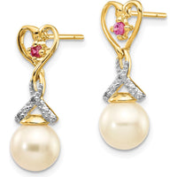 14K Yellow Gold 7-8mm Freshwater Pearl, Ruby and Diamond Heart Drop Earrings with Post & Push Back Closure by Monteluci Fine Jewelry