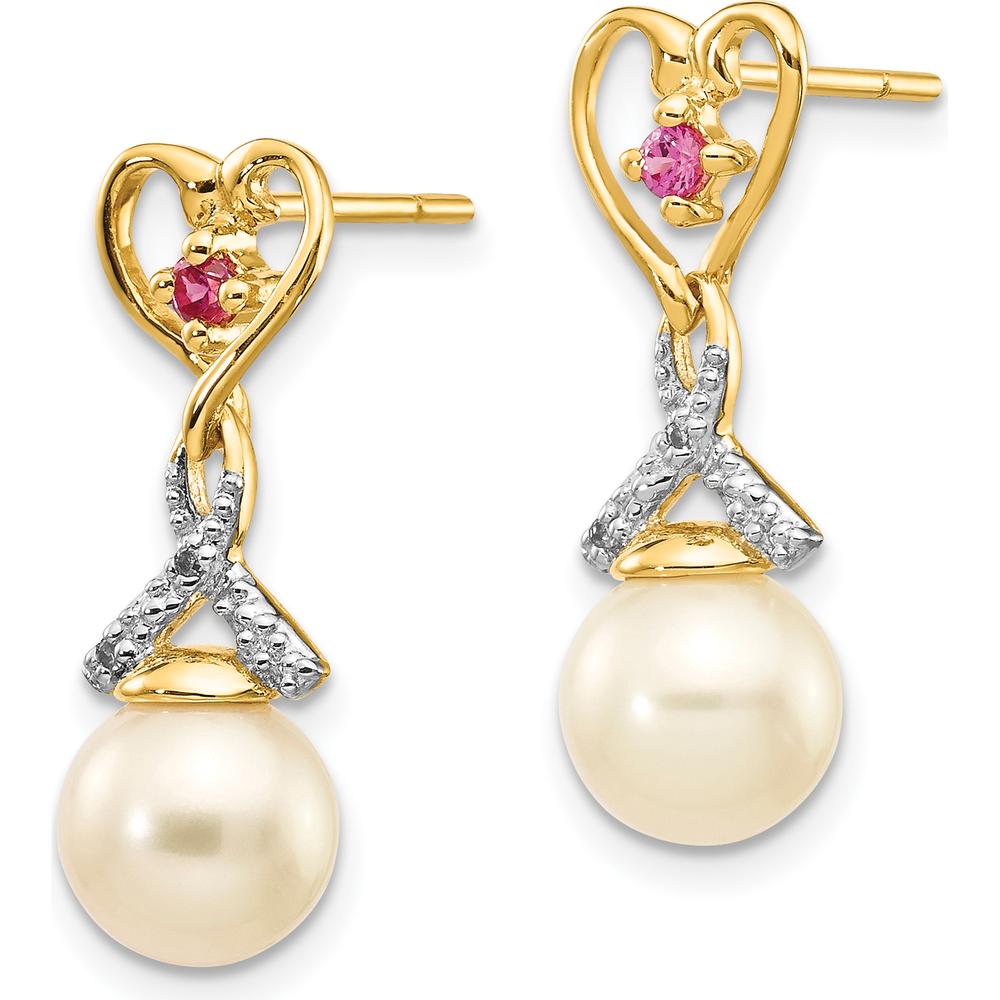 14K Yellow Gold 7-8mm Freshwater Pearl, Ruby and Diamond Heart Drop Earrings with Post & Push Back Closure by Monteluci Fine Jewelry