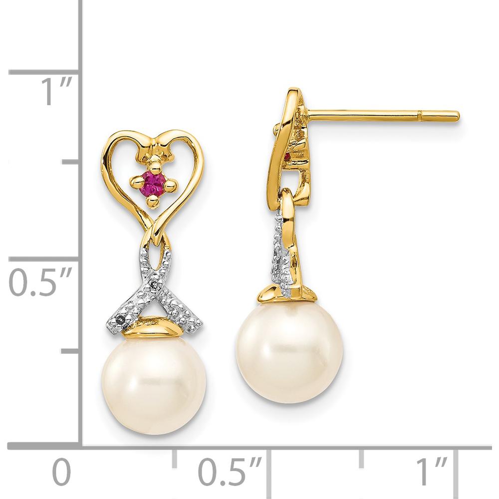 14K Yellow Gold 7-8mm Freshwater Pearl, Ruby and Diamond Heart Drop Earrings with Post & Push Back Closure by Monteluci Fine Jewelry