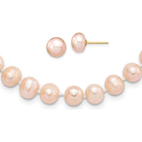 14K Yellow Gold 7-8mm Pink Freshwater Pearl Necklace & Button Earrings Set by Monteluci Fine Jewelry