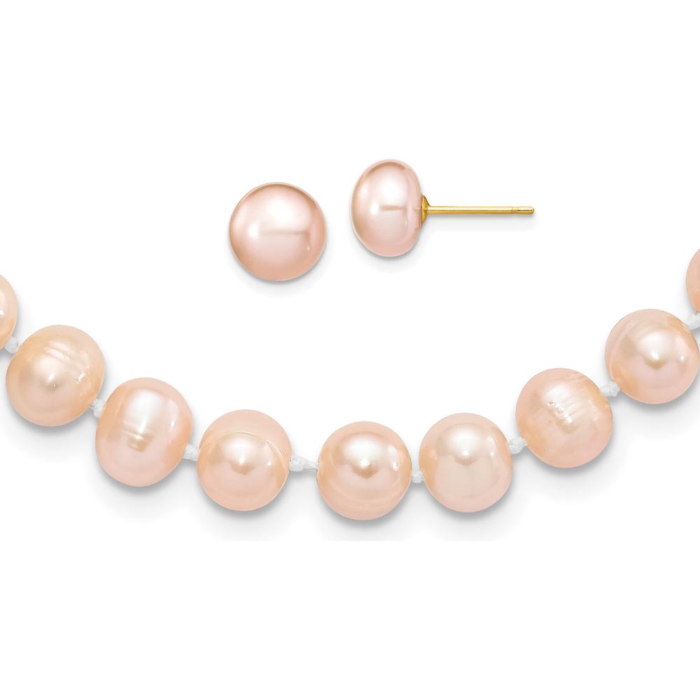 14K Yellow Gold 7-8mm Pink Freshwater Pearl Necklace & Button Earrings Set by Monteluci Fine Jewelry