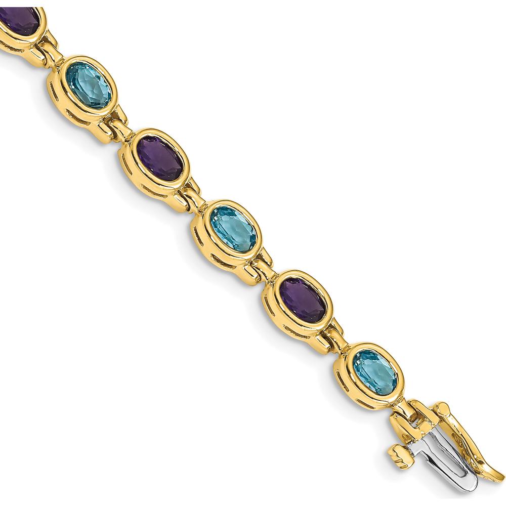 14K Yellow Gold 7" Bracelet with Bezel-set Oval Amethyst and Swiss Blue Topaz - 0.42 Carats Amethyst, 0.55 Carats Blue Topaz by Oro Pregiato