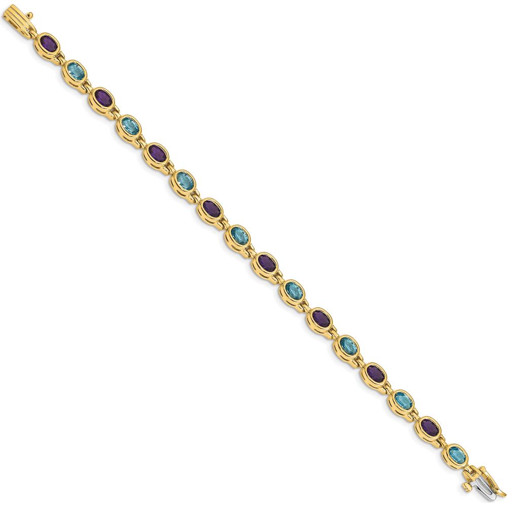 14K Yellow Gold 7" Bracelet with Bezel-set Oval Amethyst and Swiss Blue Topaz - 0.42 Carats Amethyst, 0.55 Carats Blue Topaz by Oro Pregiato
