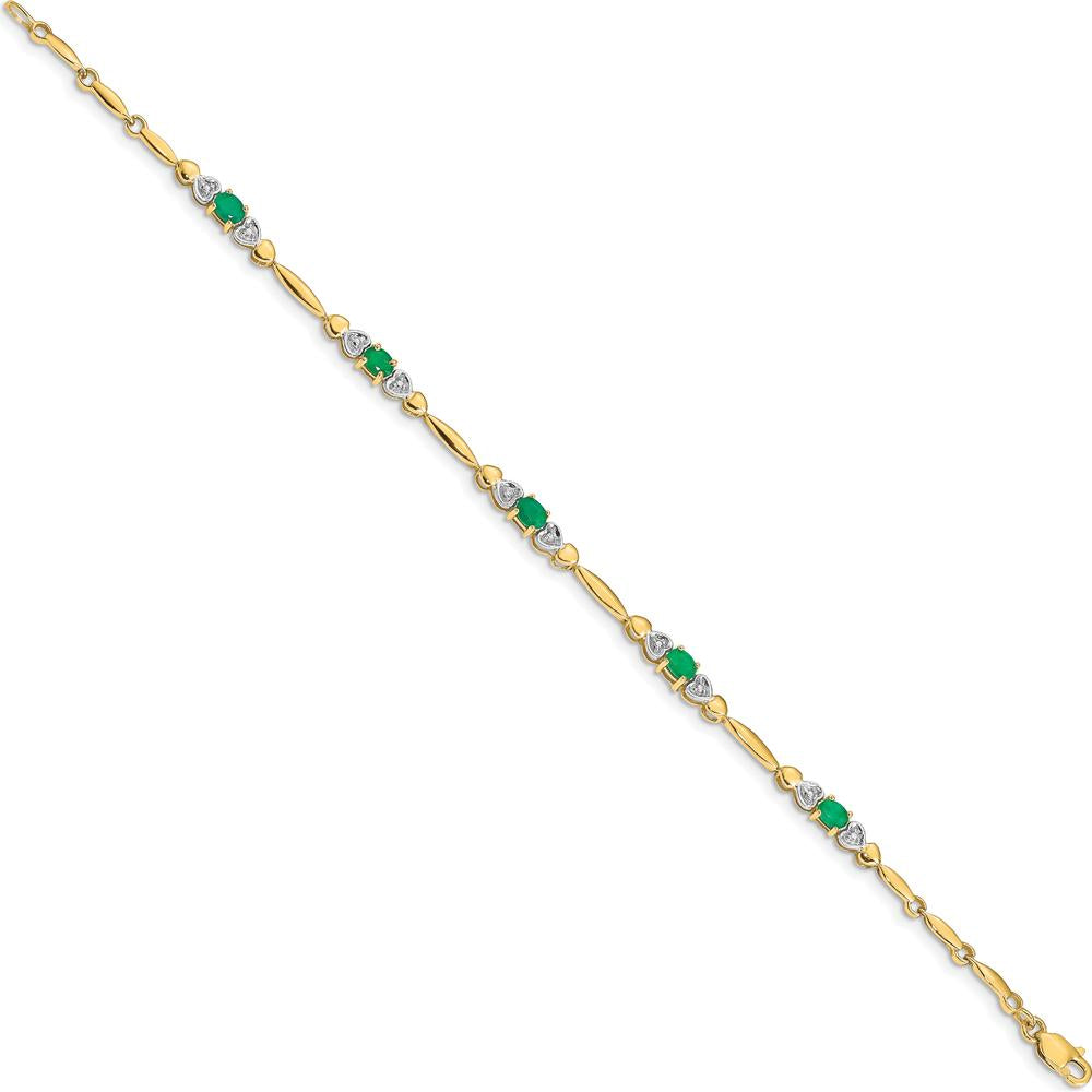 14K Yellow Gold 7" Bracelet with Oval Emerald Heart Design and Round Diamonds - 0.22 Carats Total Emerald Weight, 0.01 Carats Total Diamond Weight by Monteluci Fine Jewelry