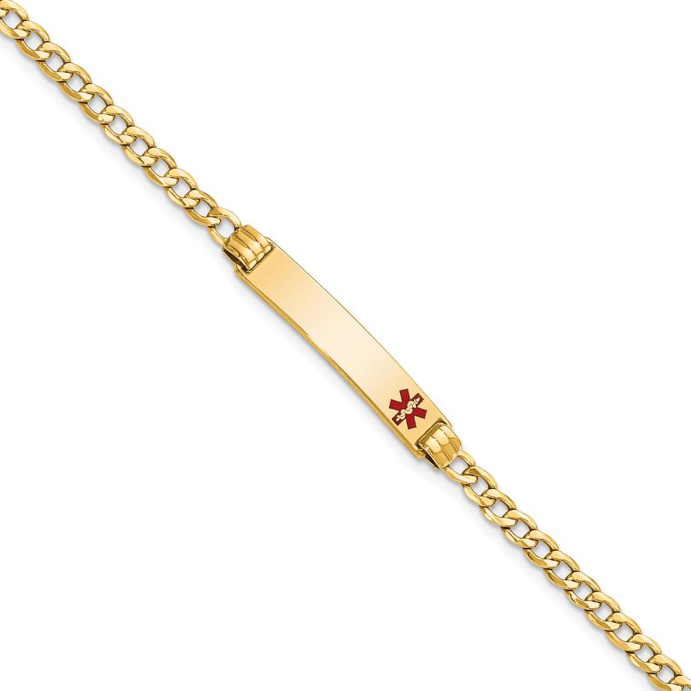 14K Yellow Gold 7" Cuban Link Medical Alert Bracelet with Red Enamel Solid Plate Charm - Engravable by Oro Pregiato