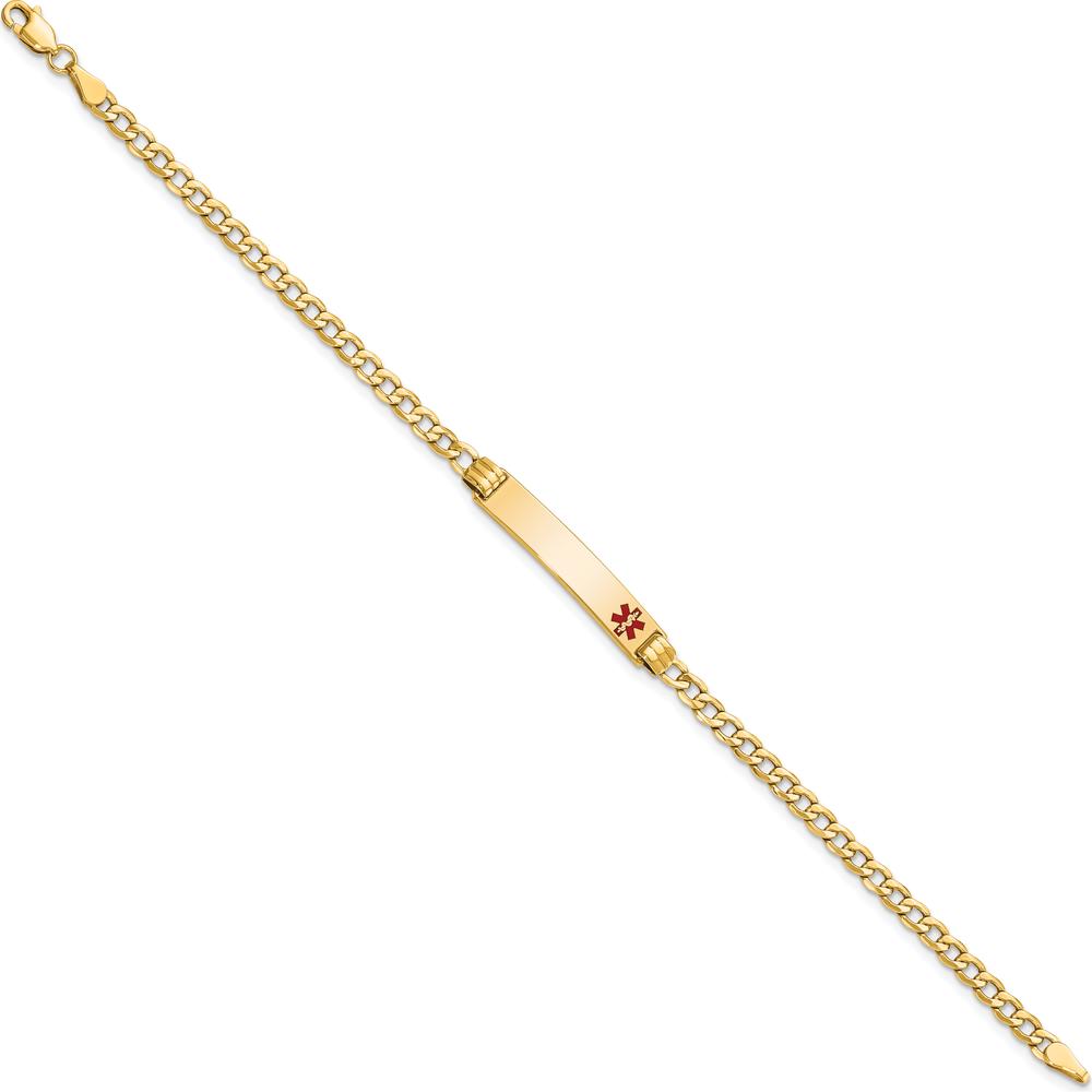 14K Yellow Gold 7" Cuban Link Medical Alert Bracelet with Red Enamel Solid Plate Charm - Engravable by Oro Pregiato